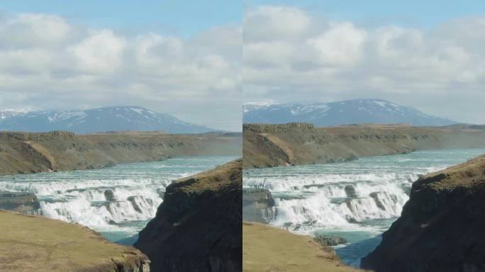黄金瀑布。冰岛。鸟瞰图。垂直视频