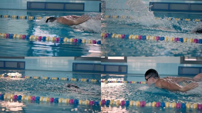 熟练的游泳运动员在泳池水中训练蝶式泳姿