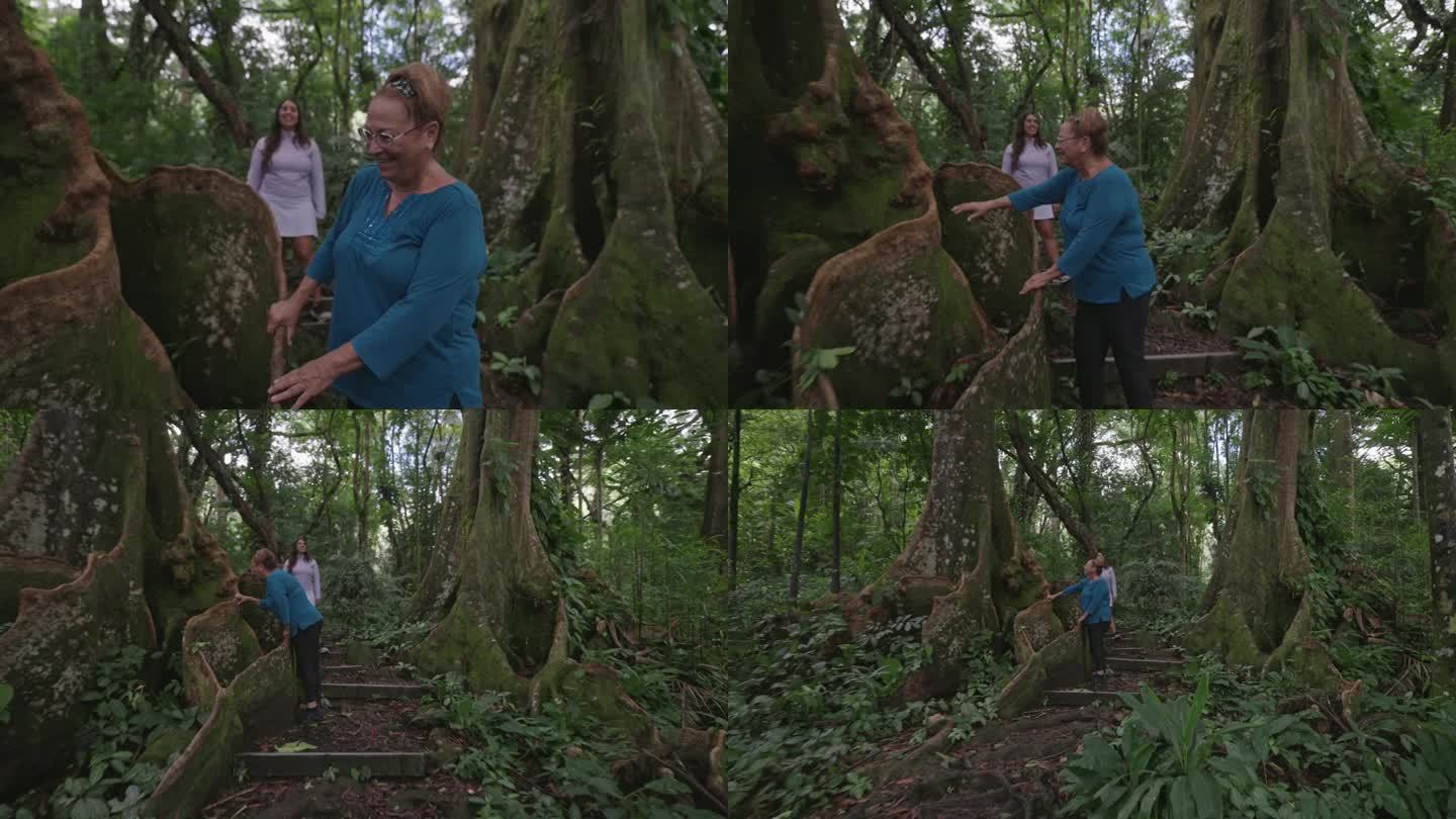 一名女子在森林浴徒步旅行中与大自然亲密接触