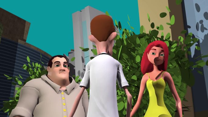 三维动画，三个卡通人物在城市街道上说话