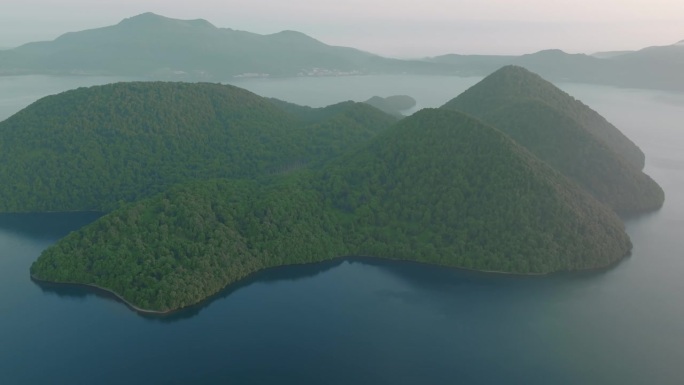 海湾和森林的鸟瞰图，在美丽的日落，绿色的森林和蓝色的水，展示了日本的海景。