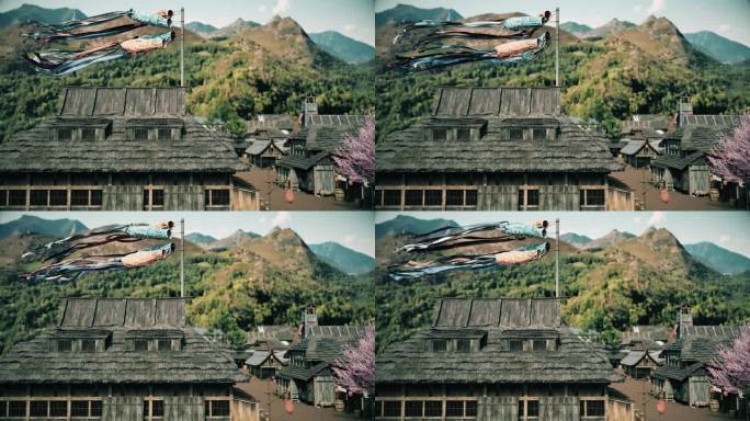 日本古村落里的鲤鱼彩带