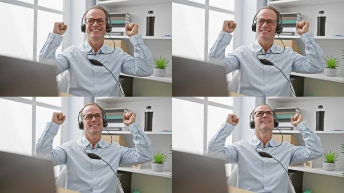 一位快乐的中年商人在他的办公室里用一个获胜的手势庆祝，通过耳机欣赏着笔记本电脑上朗朗上口的音乐