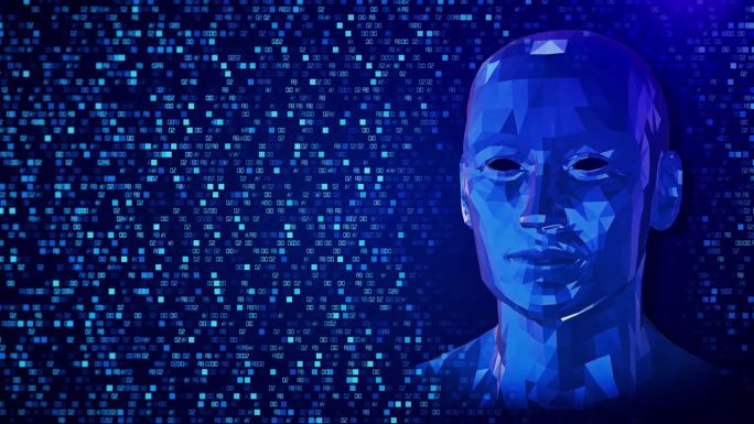 人脸抽象数字计算动画。3D人工智能。大数据网络安全元环境