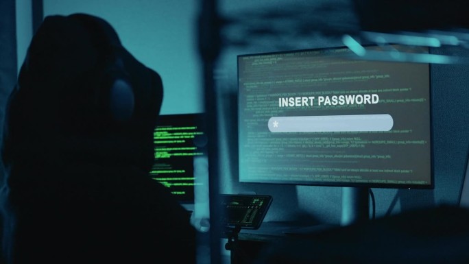 专业黑客成功使用密码登录侵入公司数据服务器，并在黑暗的气氛中举手庆祝。网络犯罪，数字系统安全