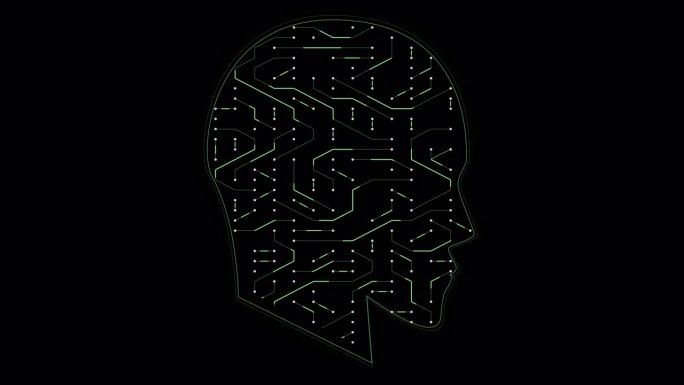 PNGα。无缝AI大脑与电路线路和思维加载过程数字HUD UI。带电路板的人头。科幻未来动画，人工智