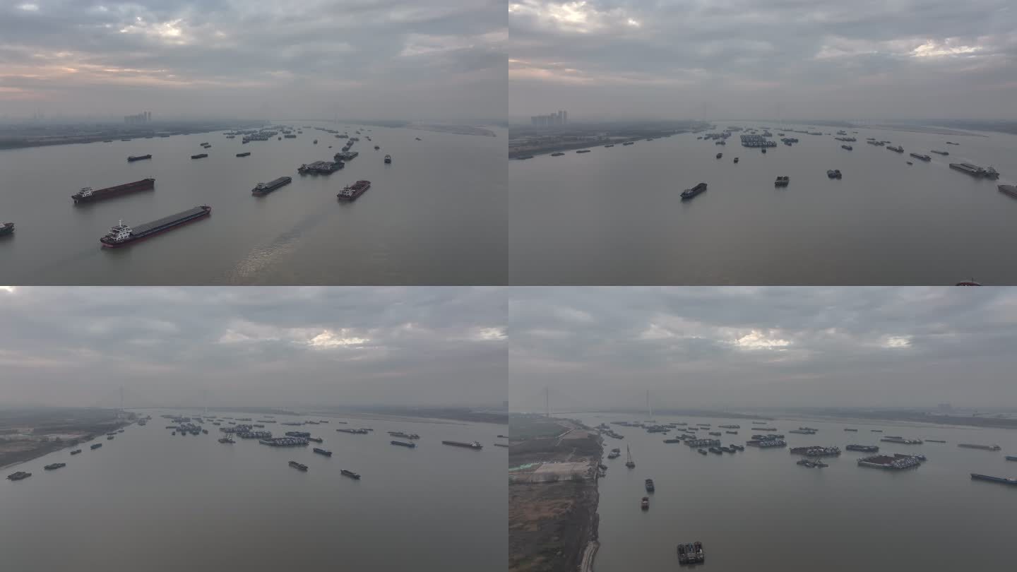 武汉长江上停着很多轮船的航道锚地