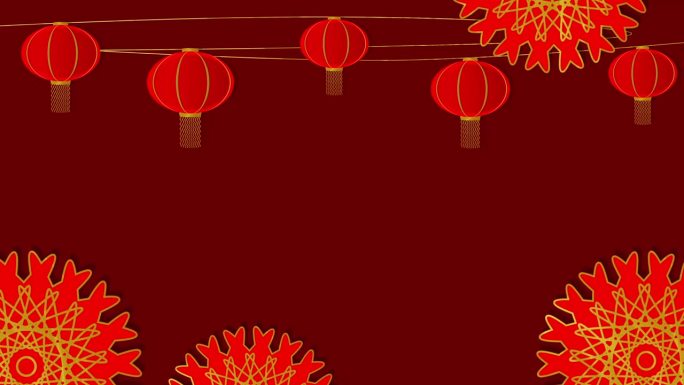 红色配金色旋转灯笼和红色背景上的金色花朵。中国新年元素。带有拷贝空间。