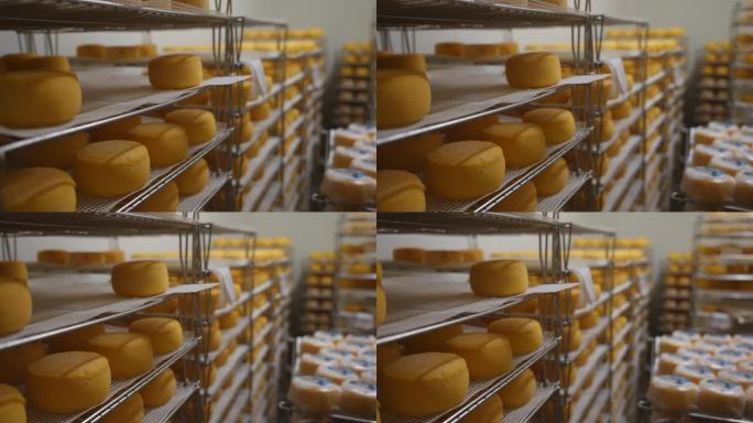 在奶酪工厂的冷藏室中，奶酪在贴标签前正在成熟