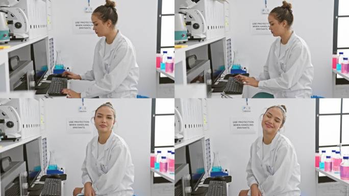 年轻的西班牙裔科学家微笑着，眼睛明亮，快乐地享受着她在实验室的工作，自信地在她的电脑上浏览在线医学研