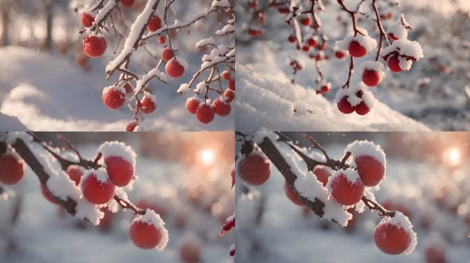 唯美雪花飘落雪景海棠果红果下雪