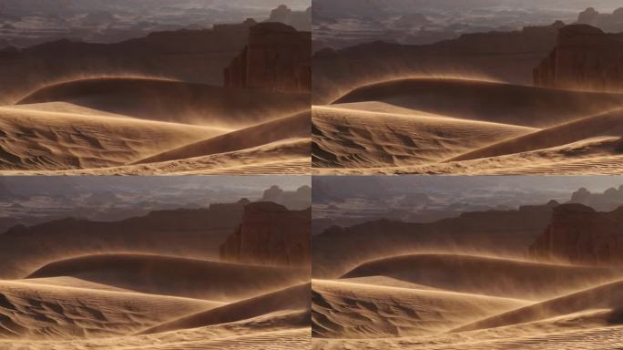 蒙古戈壁沙漠的沙尘暴，沙子被风吹过沙丘