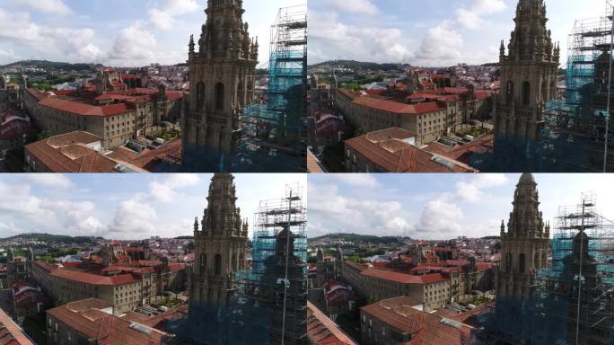 圣地亚哥德孔波斯特拉大教堂。西班牙加利西亚历史名城。4K空中天际线无人机视图