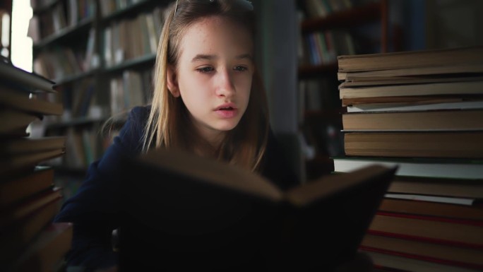 女孩坐在图书馆的书架之间，大声朗读书籍以寻找信息。花时间在文献库中获取新知识。学校文学的有趣作品。