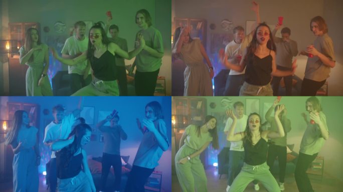 一群学生在家庭聚会上跳舞，男女用手机在社交媒体上制作视频自拍，在客厅里一起跳舞。年轻的朋友庆祝千禧一