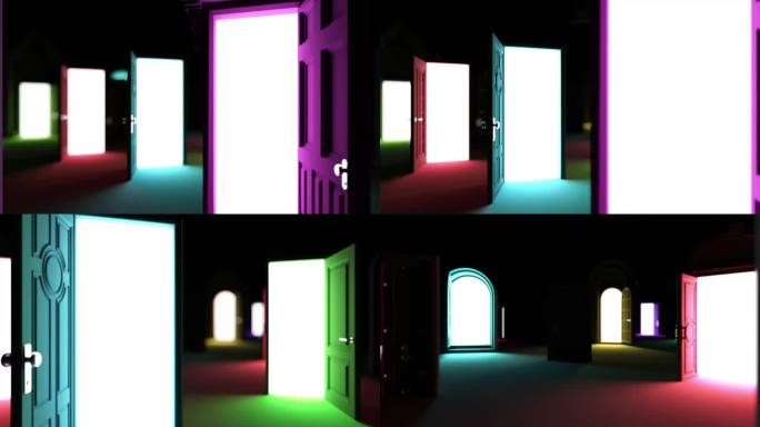 机会之门:在一片阴影中，不同的门照亮了天空。镜头朝向中央入口，暗示着决策。