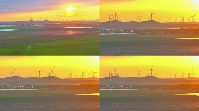 航拍 夕阳下的草原风电场