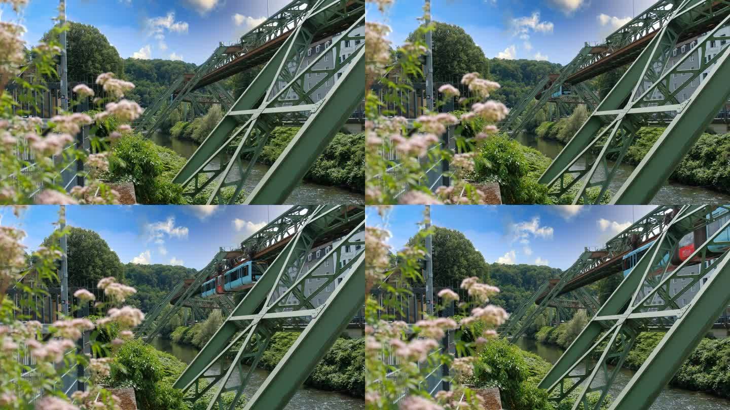 伍珀塔尔悬架铁路。马车行驶的背景是夏季的绿色植物和鲜花。