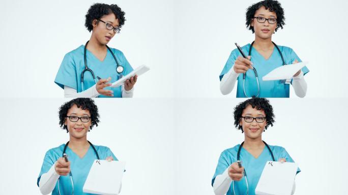 医生，女人的脸和文件在工作室签名，提供或支付白色背景。肖像，微笑和护士保健，合规或保险，纸或表格的医