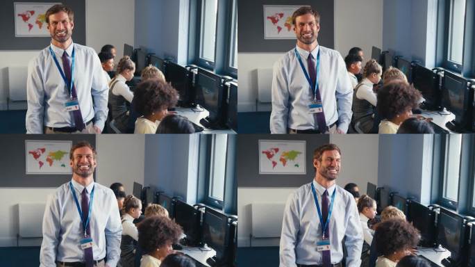 在信息技术课上，微笑的男中学老师和学生在电脑前的合影