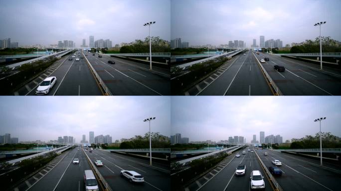 武汉高速公路车流延时 大楼背景