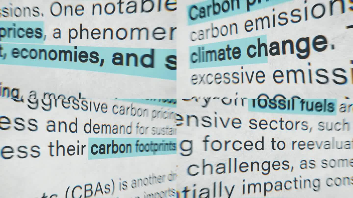 报纸和媒体关于欧洲二氧化碳价格上涨，气候变化和通货膨胀的文章，高亮文字标记