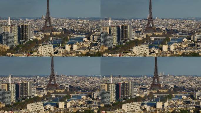 夏天巴黎街头的建立镜头。无人机拍摄的法国街道上挤满了汽车和人