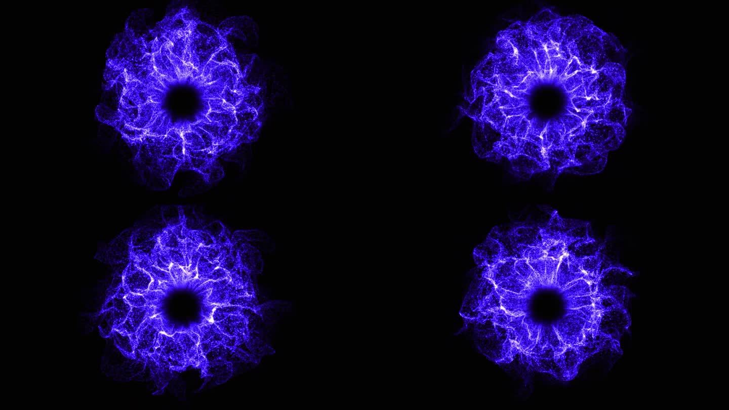 蓝色和紫色能量球背景动画。摘要三维能量球与蓝色的能量射线在黑暗的背景。核能，大爆炸，超新星。
