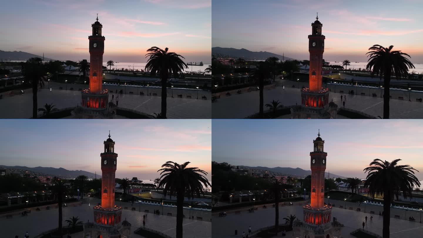 钟楼(Saat Kulesi)无人机视频，科纳克市中心伊兹密尔，土耳其