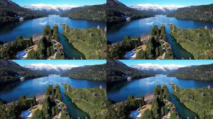 阿根廷蔚蓝湖水之上的雪山，鸟瞰图