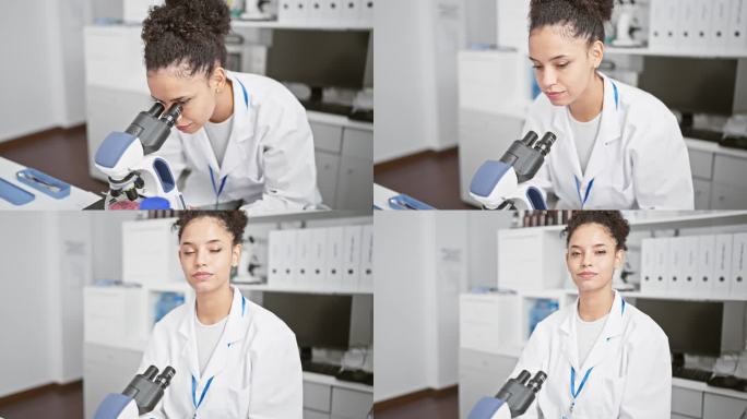 在实验室的中心，一位年轻美丽的西班牙裔女科学家，卷发，热情地专注于她的医学研究，使用显微镜进行细致的