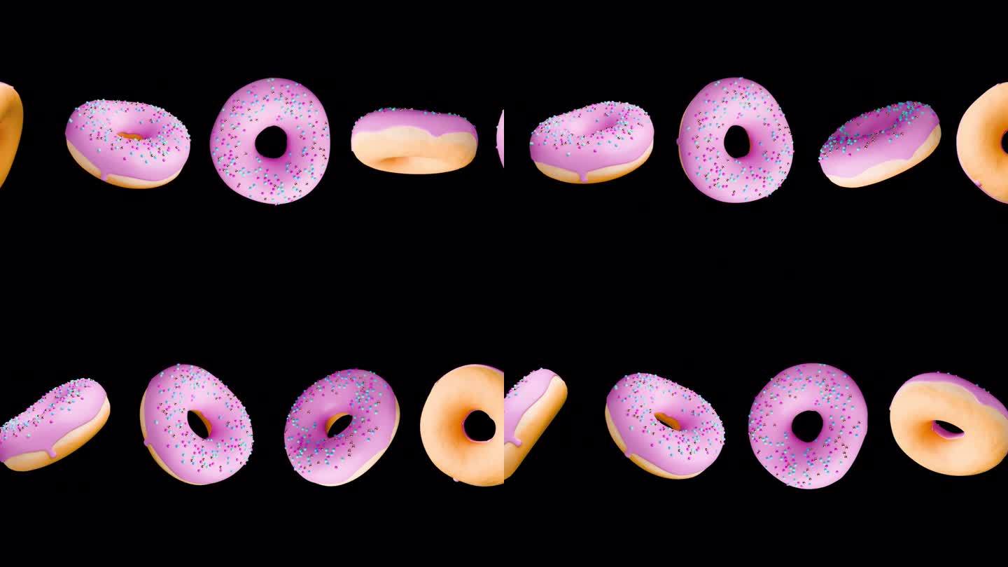 粉红色甜甜圈与洒落旋转在黑色背景与Alpha通道哑光。无缝循环的甜甜圈旋转。3d渲染动画糕点和糖果