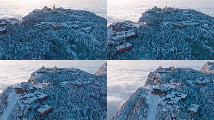 环绕航拍四川峨眉山金顶冬季雪景云海景观