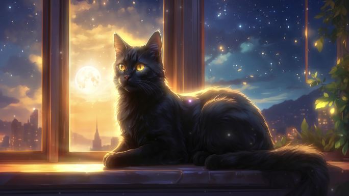 4K梦幻唯美星空星夜夜晚黑猫背景