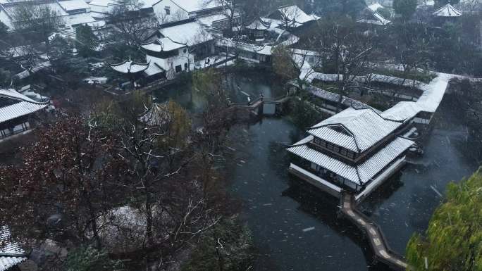 苏州园林拙政园雪景航拍