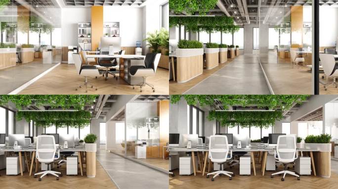 生态友好的现代开放式办公室内部，有桌子，电脑，办公椅和植物