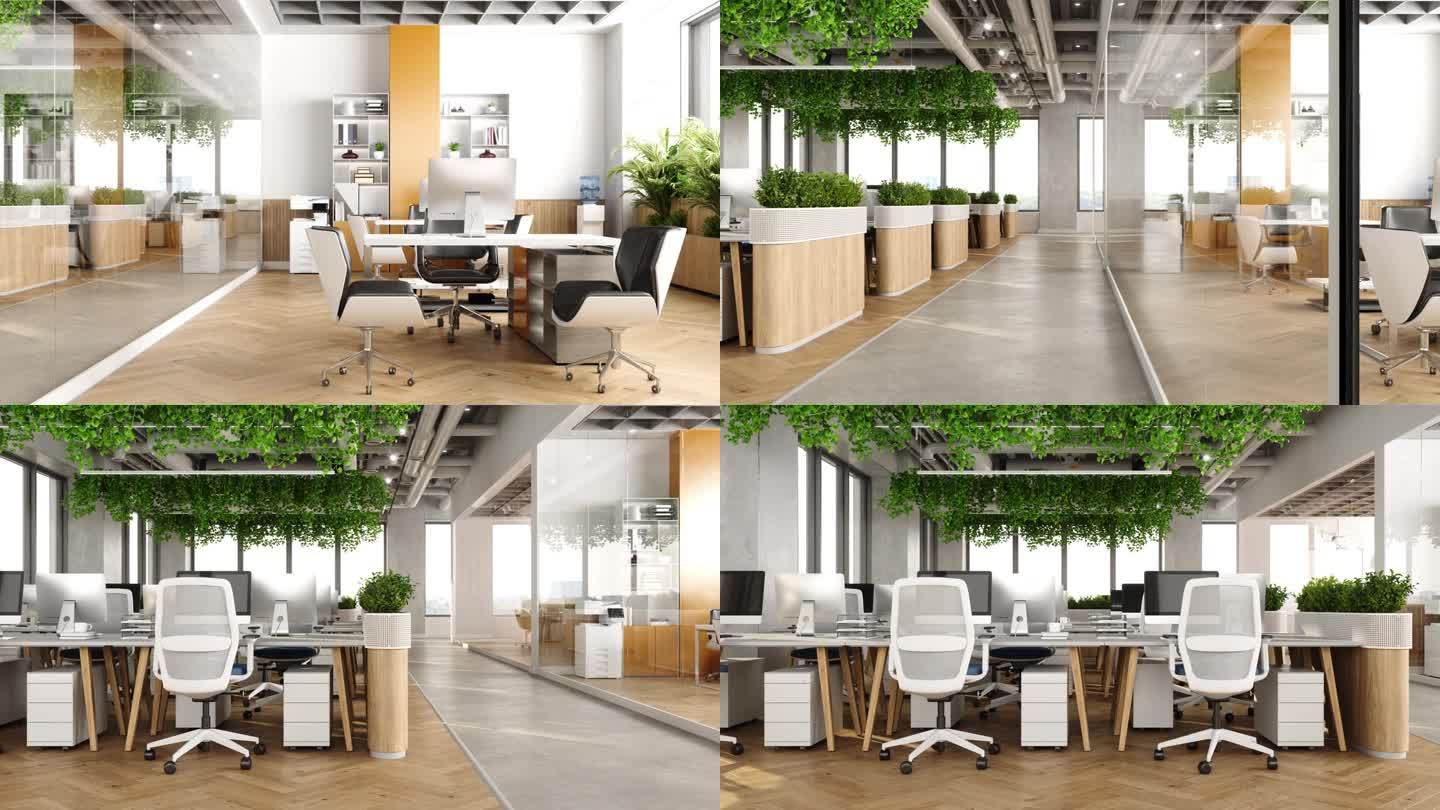 生态友好的现代开放式办公室内部，有桌子，电脑，办公椅和植物