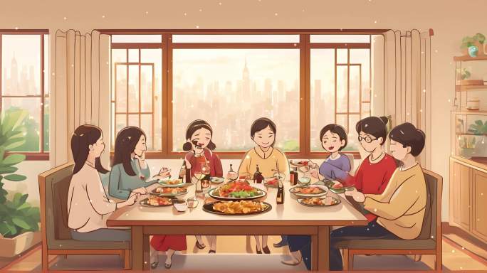 卡通一家人吃饭背景