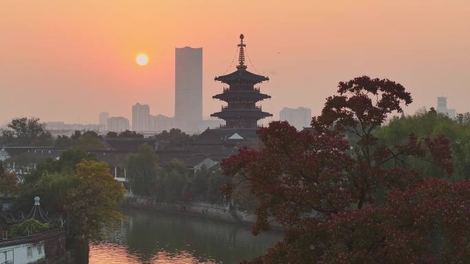 苏州寒山寺 普明塔 红叶 运河