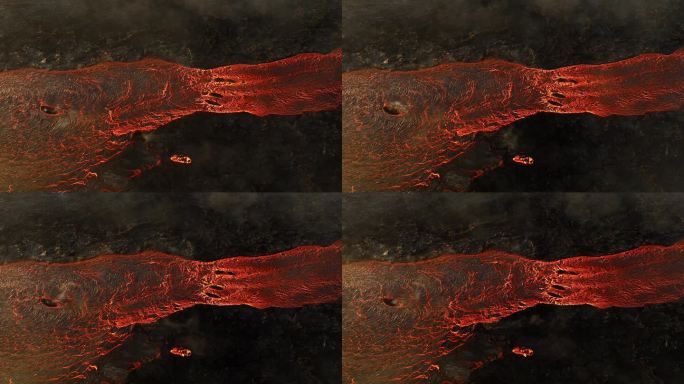 2023年冰岛火山喷发的分支熔岩流，炽热的红色岩石从地下喷发出来，岩浆河，自然界罕见的镜头，独特的地