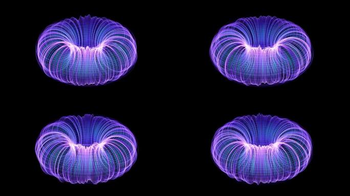 三维抽象动画:核聚变模型。电磁力线、大数据、核聚变发电概念。高能基本粒子流动。