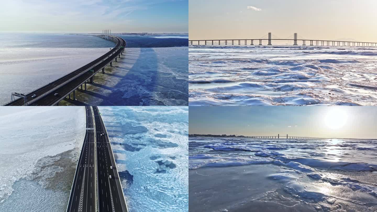 山东青岛跨海大桥结冰冬季航拍桥梁交通