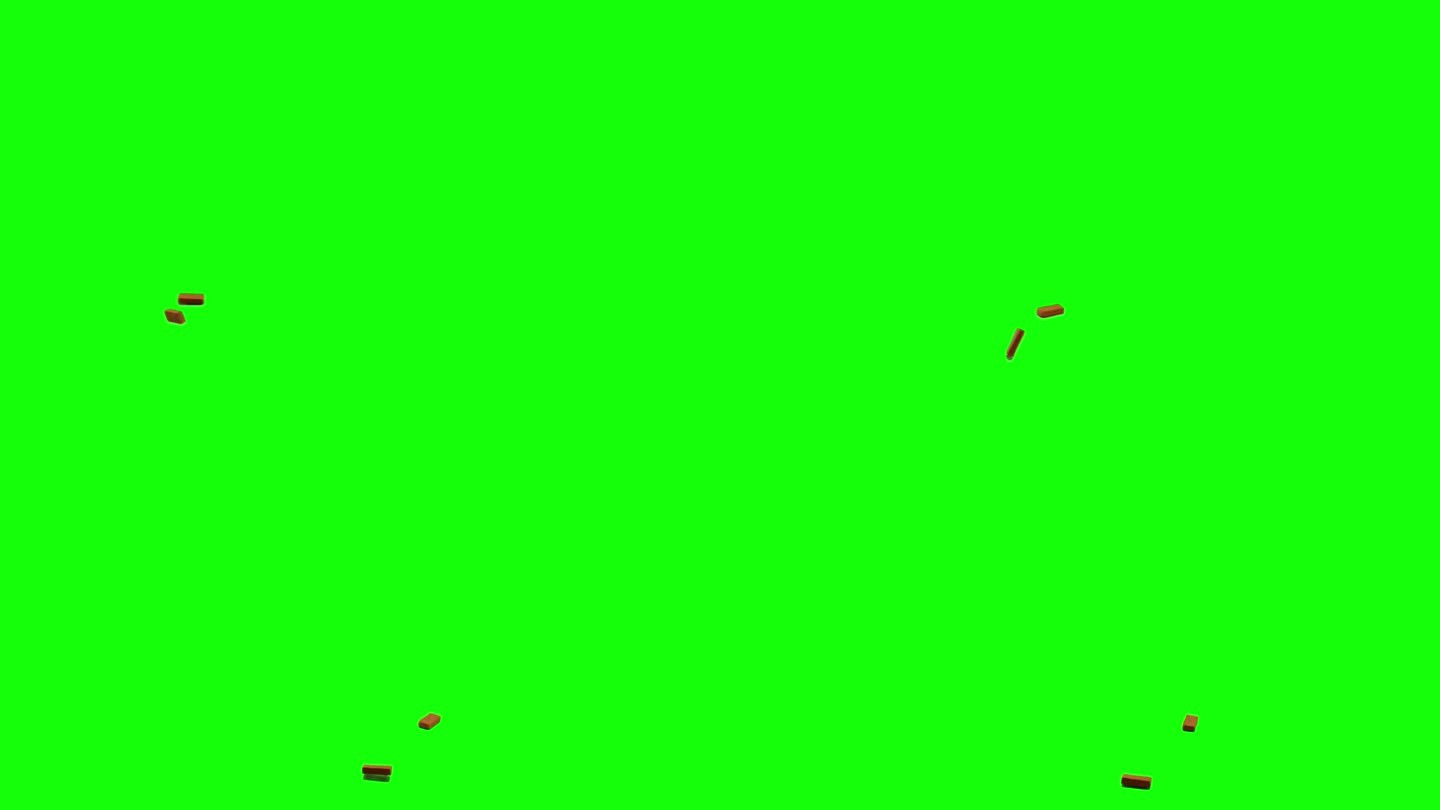 砖块从屏幕左侧滑动，并在假想的平面上散射，绿色屏幕背景，动画覆盖色度键混合选项视频。砖头扔了。