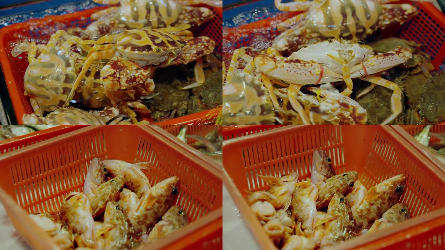 4K高清海鲜市场活力四射的螃蟹与虾