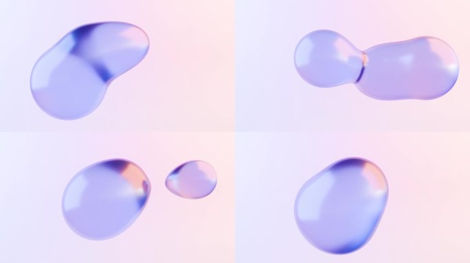 液体半哑光液滴移动并融合成不规则的形状。抽象动画作为你的标题或其他应用程序的背景。粉红色，蓝色和紫色
