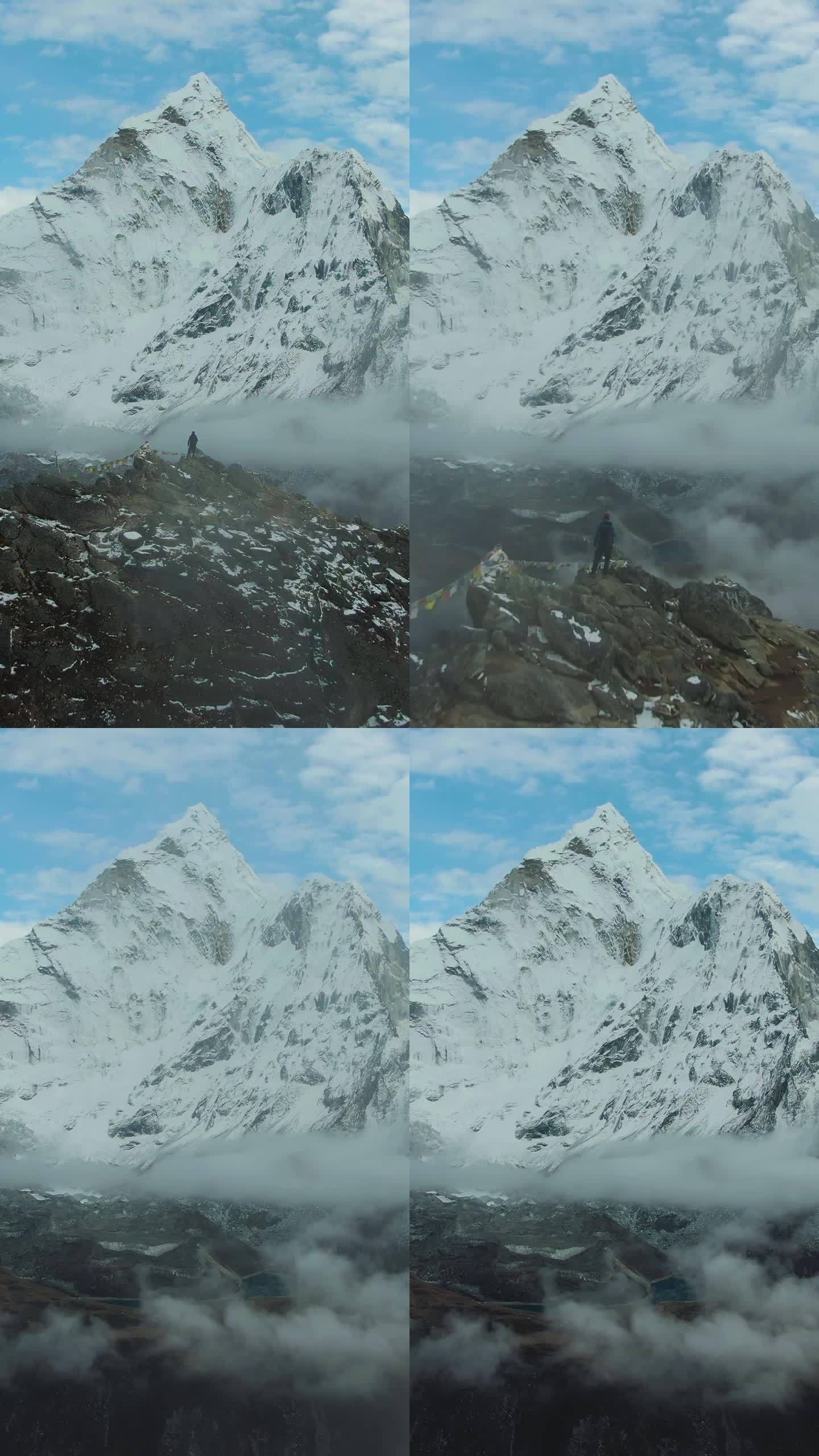 男子望着阿玛达布拉姆山。尼泊尔的喜马拉雅山脉。鸟瞰图。垂直视频