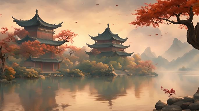 中式水彩画庭院视频素材山水画