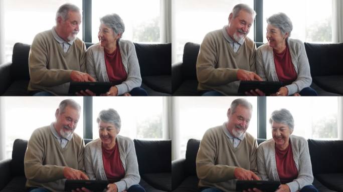 老年夫妇，平板电脑，在沙发上看电影，或者在客厅和家里看电视节目或连续剧。开心的是，老两口在手机app