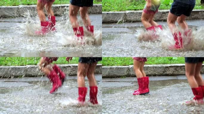 特写镜头。一个穿着粉色胶靴的小女孩在雨坑里快乐地跳着。缓慢的运动。4 k的视频。