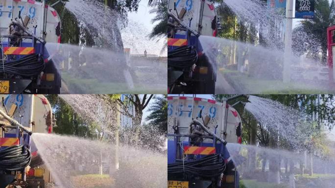 城市绿化带洒水喷水 喷洒水花 水花飞溅